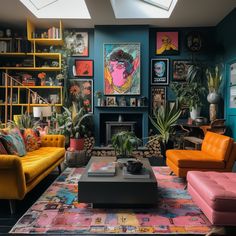 a living room filled with lots of colorful furniture and decor on top of a rug