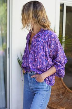 Emmaline Blouse - Violet Wildflower Organic - Emerson Fry Emerson Fry, Peasant Style, Knitwear Fashion, Swimwear Fashion, Air Dry, Top Styles, Violet, Outfit Inspirations, Summer Fashion