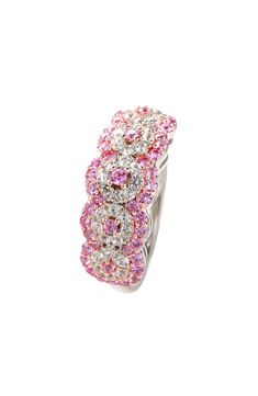 Glistening pink and white sapphires create a life-like effect to this floral-trio ring crafted from sterling silver. Sterling silver/pink sapphire/white sapphire Imported Pink Multi-stone Sapphire Ring, Pink Multi-stone Sapphire Ring In Fine Jewelry Style, Pink Multi-stone Sapphire Ring, Fine Jewelry, Pink Multi-stone Sapphire Diamond Ring, Pink Multi-stone Sapphire Ring With Diamond, Pink Sapphire Multi-stone Ring With Diamond, Pink Diamond Multi-stone Jewelry, Pink Sapphire Ring Fine Jewelry, Luxury Pink Cluster Jewelry