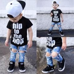 Boy's Hip To The Hop Outfit Outfit Includes Jeans And Short Sleeved Shirt Material: Cotton Blend Playful Black T-shirt For Spring, Black Spring Playwear Tops, Black Top For Playtime In Spring, Black Tops For Playtime In Spring, Casual Black Playwear Tops, Casual Black Tops For Playwear, Black Casual Playwear Tops, Denim Pants Outfit, Boss Outfit