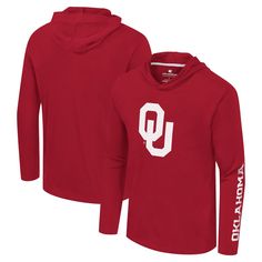 Show your Oklahoma Sooners pride in comfort and style with this Colosseum Logo Lockup Active Blend Long Sleeve T-Shirt Hoodie. This long-sleeve tee is crafted from a blend of cotton and polyester, making it ideal for casual wear or a more active lifestyle. The Oklahoma Sooners logo is prominently displayed on the front, while the wordmark down the left sleeve adds a subtle touch of team spirit. This tee is perfect for representing your Oklahoma Sooners fandom wherever you go. Hooded Tops With Team Logo For Fan Gear, Hooded Tops With Team Logo For Fans, Team-colored Hooded Top For Fan Gear, Hooded Cotton T-shirt For Sports, Team-colored Hooded Top For Game Day, Team-colored Hooded Tops With Team Logo, Team Logo Hoodie Long Sleeve Fan Gear, Game Day Fan Apparel Tops With Drawstring Hood, Collegiate Hooded Tops For Game Day