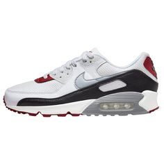 PRICES MAY VARY. Rubber sole Dressed in a Photon Dust, Particle Grey, and Varsity Red color scheme. This offering of the Nike Air Max 90 comes constructed in a mix of mesh and leather materials. It features a White base with Grey Swooshes and Black mudguards. Highlighting the shoe are Varsity Red contrasting accents throughout as well as used on the rubber outsole. Red Color Schemes, Nike Mens, Nike Air Max 90, Leather Material, Color Scheme, Red Color, Air Max, Nike Men, Nike Air Max