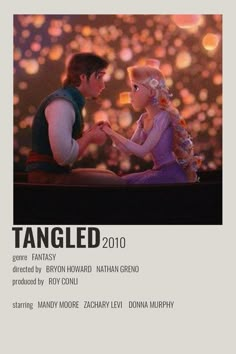 the poster for tangled 2010 is shown with an image of a man and woman sitting next to each other