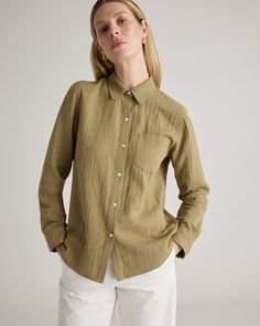 Stow away that stuffy button-down. Our Organic Cotton Gauze Long Sleeve Shirt does it all, this versatile shirt can take you from the office to days at the beach. Made of our premium organic cotton gauze, it's soft and breathable with subtle texture. Effortless Solid Long Sleeve Shirt, Effortless Collared Shirt With Button Closure, Casual Button-up Blouse For Work, Effortless Button Shirt For Everyday, Effortless Everyday Shirt With Buttons, Effortless Long Sleeve Shirt With Button Closure, Effortless Long Sleeve Shirt For Everyday, Khaki Long Sleeve Office Shirt, Effortless Long Sleeve Everyday Shirt