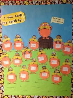 a bulletin board with the words i will help the earth by written on it and cartoon characters