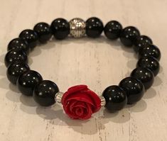 Rose Beads, Resin Rose, Rose Bracelet, Valentine Ideas, The Veil, Black Agate, Black Obsidian, Crystal Bracelet, Black Crystals