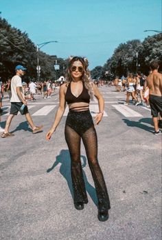 Cochella Outfits Pants, Kylie Coachella Outfits, Covered Rave Outfits, Mesh Pants Rave Outfit, Sheer Pants Outfit Festival, Music Festival Inspo Outfits, Osheaga Outfit 2023, Indoor Rave Concert Outfit, Island Festival Outfit