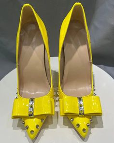 TAAFO Glossy Yellow Women Pointy Toe High Heel Shoes With Rivets Bow Spikes Stiletto Pumps Color 12cm Yellow-33 Summer Party Court Shoes With Reinforced Heel, Yellow Patent Leather Party Heels, Yellow High Heel Party Shoes, Yellow Court Shoes For Spring Party, Yellow Patent Leather Heels With Round Toe, Summer Patent Leather Court Shoes With Pointed Toe, Yellow Patent Leather Heels For Evening, Yellow Pointed Toe Party Court Shoes, Yellow Pointed Toe Court Shoes For Party