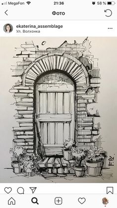 a drawing of an open door in front of a brick wall with potted plants