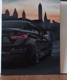 an acrylic painting of a black car in front of a cityscape