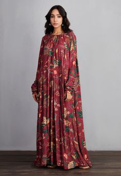 Torani-Garnet Red Sanobar Amrut Maxi Dress-INDIASPOPUP.COM Printed Maxi Dress Indian, Long Blue Maxi Dress, Outfit Patterns, Maxi Dress Indian, Silk Printed Dress, Hijab Design, Modest Dressing, Indian Mythology, Fashion Dresses Formal