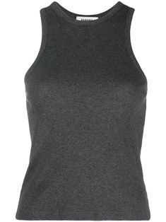 dark grey fine ribbed embroidered logo at the chest round neck sleeveless straight hem Fitted Tank Top With Ribbed Crew Neck, Fitted Crew Neck Tank Top With Ribbed Neckline, Gray Ribbed Sleeveless Tank Top, Sleeveless Fitted Top With Ribbed Neckline, Casual Fitted Tank Top With Ribbed Neckline, Fitted Sleeveless Top With Ribbed Neckline, Gray Ribbed Tank Top For Summer, Ribbed Crew Neck Tank Top, Gray Ribbed Tank Top For Spring