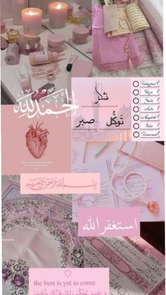 the collage shows many different types of items in pink and white colors, including candles