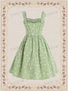 Color : GreenStyle : Casual, BohoDetails : Button, Zipper, ShirredPattern Type : Floral, Gingham, Ditsy FloralType : CamiSleeve Length : SleevelessNeckline : StrapsWaist Line : High WaistHem Shaped : FlaredLength : Knee LengthFit Type : Regular FitFabric : Non-StretchMaterial : Woven FabricComposition : 65% Polyester, 35% ViscoseCare Instructions : Machine wash or professional dry cleanBody : UnlinedSheer : No Size US Bust Hip Size Length Waist Size XS 2 83.00 163.00 99.00 68.00 S 4 87.00 167.00 101.00 72.00 M 6 91.00 171.00 103.00 76.00 L 8/10 97.00 177.00 105.00 82.00 Fitted Retro Vintage Dress For Picnic, Casual A-line Vintage Dress For Garden Party, Spring Vintage Printed Dresses, Vintage Printed Dresses For Spring, Casual Floral Dress For Picnic In Spring, Casual Floral Dress For Spring Picnic, Fitted Floral Print Dress For Picnic, Summer Picnic Dresses In 1950s Style, Spring Vintage Cotton Fitted Dress