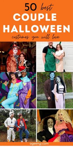 some people are dressed up in costumes and posing for pictures with the words 50 best couple halloween costumes you will love