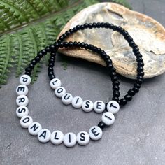 A super cute plain black name bracelet with your choice of wording and size! Personalise it with your name, your child's name, an inspirational word, your team name, a pet name, a nickname, or anything else you can think of eg Best Nanny, Bridesmaid, or an anniversary date or birth date. Why not get one for yourself and one for your bestie?The custom made bracelet has 4mm glass seed beads and flat white acrylic letter beads, which are 7mm diameter. The seed beads are plain black, meaning you can Black Meaning, Acrylic Letters, Pet Name, Flat White, Anniversary Dates, Black Seed, Team Name, Letter Beads, Name Bracelet