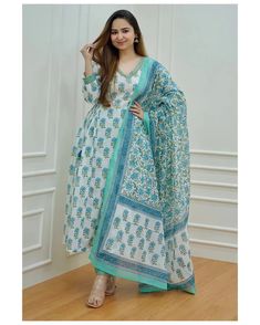 White & Blue Viscose Block Print A Line Suit Set with Chanderi Cotton Dupatta White Cotton Suit Designs, Afghani Suit, White Cotton Suit, A Line Suit, Afghani Pants, A Line Kurta, Kurtis With Pants, Kurta With Pants, Office Dresses