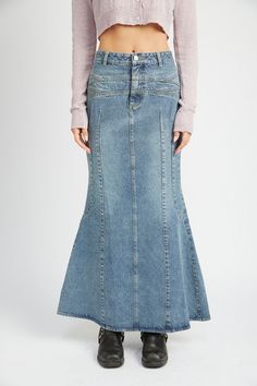 FLUTED DENIM MAXI SKIRT Flared Denim Skirt, Long Denim Skirt, Denim Skirt Women, Denim Maxi, Denim Maxi Skirt, Contemporary Outfits, Skirts Online, Sheer Fabric, Denim Flares