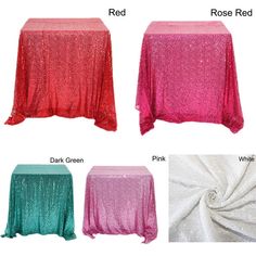 four different colors of sequin tablecloths on white, pink, and green