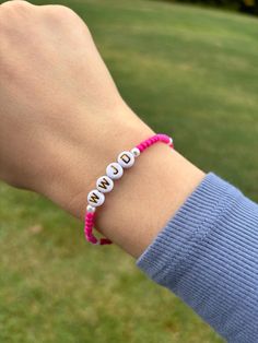 What Would Jesus Do? pink bead and white pearl bracelet 🤍Handmade by a teenage artist How To Make Wwjd Bracelet, Christian Bracelet Ideas, Wwjd Bracelet, What Would Jesus Do, Christian Bracelets, White Pearl Bracelet, Bracelets Patterns, Diy Friendship Bracelets Patterns, Cute Letters