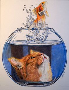 a drawing of a cat looking at a goldfish in a fish bowl with water