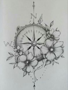 a drawing of a clock with flowers on it