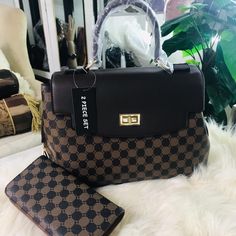 Turn-Lock Accent Monogram 2-Way Flap Satchel Wallet Set Faux Leather Top Zip Closure Back Zip Pocket Gold-Tone Hardware Detachable Shoulder Strap 12.5″L X 5″W X 9.5″H Faux Leather Top, Leather Top, Louis Vuitton Damier, Zip Pockets, Satchel, Shoulder Strap, Size 12, Faux Leather, Bag Lady