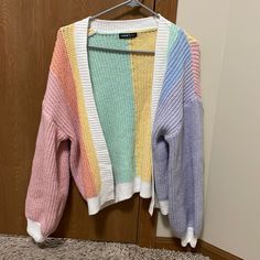 Colorful Cardigan. Size Medium. Never Worn And Is In Perfect Condition! Sweaters Colorful, Colorful Cardigan, Shein Sweater, Colored Cardigans, Kid Core, Colorful Fashion, Colorful Sweaters, Pink Blue, Cardigans