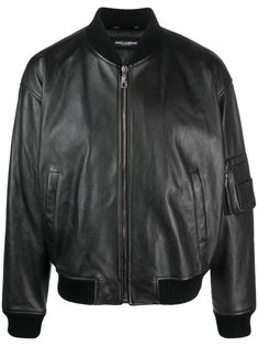 black bullhide leather baseball collar front zip fastening two diagonal pockets to the sides long sleeves sleeve zip pocket elasticated hem Outdoor Jackets, Mens Outdoor Jackets, Dolce E Gabbana, Mens Outerwear, Zip Up, Outerwear Jackets, Zip Pockets, Zip Ups, Fashion Branding