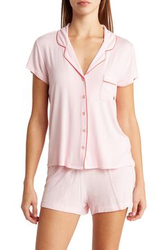 Get that chic put-together feel even in your jammies with this lightweight printed set. Top: 25" length (size S); Bottom: 10.5" rise, 3" inseam Top has notch lapel, short sleeves, and front patch pocket Bottom has elasticized waist and allover print 95% rayon, 5% spandex Machine wash Imported Model stats: 5'10", Bust: 32", Waist: 25", Hip: 36". Model is wearing size S. Comfortable Short Sleeve Spring Sets, Short Sleeve Spring Loungewear Sleepwear, Spring Loungewear Sleepwear With Short Sleeves, Comfortable Short Sleeve Pink Sets, Comfortable Pink Short Sleeve Sets, Relaxed Fit Collared Sleepwear For Lounging, Comfortable Relaxed Fit Short Sleeve Sets, Relaxed Fit Short Sleeve Sets, Collared Cotton Sleepwear For Lounging