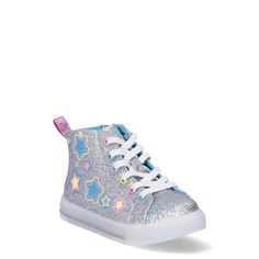 These Wonder Nation Light-Up High Top Sneakers are the perfect addition to your child's wardrobe. Featuring a glittery silver upper with multi-colored star patches, inside zipper for easy on/off, and lighted outsole with power button to turn lights on/off. This sneaker is stylish and fun, perfectly complementing many outfits. Exclusively at Walmart. Size: 12.  Gender: female.  Age Group: toddler. Star Patches, Light Up Sneakers, Light Up Shoes, Girls Shoes Kids, Power Button, Girls High, Silver Shoes, Sole Shoes, Top Light