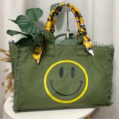 The Perfect Summer Bag. Canvas Bag With Bandana And Smiley Face. Measures Approx 17x12 Inches. Chic Green Canvas Bag, Trendy Canvas Hobo Bag For Errands, Trendy Rectangular Canvas Bag For Errands, Trendy Large-capacity Yellow Box Bag, Trendy Large Capacity Yellow Box Bag, Green Top Handle Bag For Errands, Green Top Handle Box Bag With Large Capacity, Yellow Top Handle Box Bag With Large Capacity, Trendy Tote Bag With Dust Bag Included