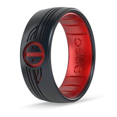 a black and red ring with an embossed logo on the inside of it