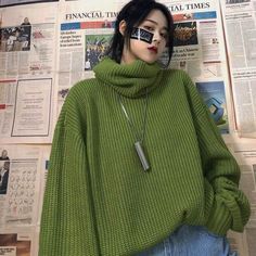 Solid Color Turtleneck Knitted Loose Sweater Trendy Green Winter Sweater, Green Sweater For Winter Cold Weather, Green Winter Sweater For Cold Weather, Winter Ribbed Turtleneck Knit Top, Solid Knitted Tops For Cold Weather, Solid Color Knitted Tops For Cold Weather, Knitted Solid Tops For Cold Weather, Green Layering Tops For Winter, Green Soft Knit Winter Sweater