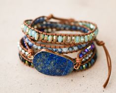 Stunning 5-wrap Leather Cord Bracelet, Assorted Mixed Beaded Natural Stones, Blue Lapis Lazuli Pendant, Find Inner Peace, Balance & Harmony - Etsy Superduo Bracelet, Beaded Leather Wraps, Beaded Leather Bracelet, Leather Cord Bracelets, Find Inner Peace, Lapis Lazuli Pendant, Blue Lapis Lazuli, Turquoise Leather, Handcrafted Bracelets