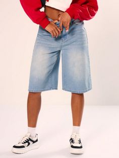 Celeste Casual Collar  Mezclilla Liso,Estampado Integral Pierna recta,Pierna ancha Embellished No-Elástico Baggy Jean Shorts, Baggy Jean, Women Denim Jeans, Short En Jean, Baggy Jeans, Casual Denim, Jeans Shorts, Denim Women, All Over Print