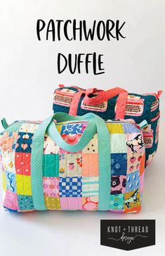 the patchwork duffle bag pattern is shown in two different colors and has an attached shoulder strap