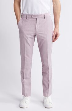 Smarten up your office ensembles with these polished pants made with classic creases. 31" inseam; 14 1/2" leg opening; 10 1/2" front rise; 16" back rise (size 34) Zip fly with button-tab closure Front slant pockets; welt coin pocket; back welt pockets Partially Lined 54% cotton, 40% virgin wool, 5% polyamide, 1% elastane Dry clean Made in Turkey Spring Stretch Business Casual Bottoms, Semi-formal Stretch Bottoms For Spring, Spring Semi-formal Stretch Bottoms, Slim Fit Business Pants For Spring, Slim Fit Bottoms For Spring Semi-formal, Slim Fit Bottoms For Semi-formal Spring Occasions, Slim Fit Office Suits Trousers, Slim Fit Office Wear Bottoms In Suiting Fabric, Slim Fit Dress Pants For Spring Business