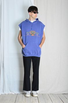 Vintage 80s Faded Blue Purple Graphic Hoodie Sweatshirt Vest Marked size: L Estimated Size: L Chest: 52.8 In (134 cm) Vest length: 28.8 In (73 cm) Shoulder to shoulder: 24.9 In (63 cm) Material: 100% cotton The model in this pic is 180cm (5ft 10) 🥦 Synchronized Universe 👀 Vintage Blue Hoodie For Streetwear, Blue Vintage Hoodie With Drawstring Hood, Retro Blue Hoodie For Fall, Blue Retro Hoodie For Fall, Vintage Blue Cotton Hoodie, 90s Style Cotton Hoodie, Vintage Relaxed Fit Hoodie, Vintage Hooded Top With Relaxed Fit, Blue Retro Winter Hoodie