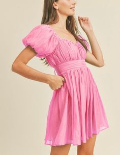 Poly Trendy Summer Dresses With Puff Sleeves, Spring Sundress In Solid Color, Pink A-line Puff Sleeve Dress For Summer, Summer Puff Sleeve Mini Dress For Date Night, Trendy Puff Sleeve Mini Dress For Spring, Summer Mini Puff Sleeve Dress For Date Night, Trendy Mini Puff Sleeve Dress For Spring, Trendy Puff Sleeve Brunch Dresses, Summer Puff Sleeve Dress For Spring