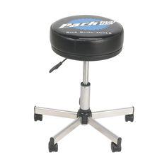 a black and silver stool with wheels on the back is sitting in front of a white background