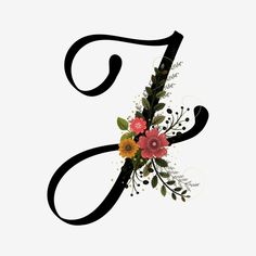 the letter f is decorated with flowers and leaves