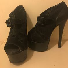 Sexy Black Size 7.5 Bootie Heels With Buckle. I Just Had The Bottoms Re-Done And Re-Heeled. So Basically Look Brand New Again. Approx 4-5 Inch Heel Black Synthetic Heels For Club, Black Ankle-high Heels For Club, Edgy Black High Heel Shoes, Edgy Black Heels For Club, Edgy Open Toe Heels For Night Out, Edgy Black High Heels, Ankle-high Synthetic Heels For Night Out, Ankle-high Platform Heels For Night Out, Edgy Ankle-high Heels For Evening