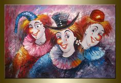 three clowns painted on canvas with gold frame