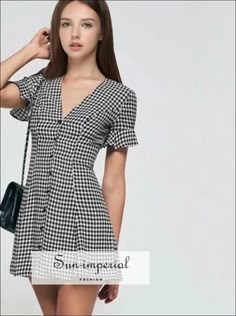 Sun-Imperial - Women Vintage V Neck Button Gingham Dress With Ruffle Short Sleeves Gingham V Neck – SUN-IMPERIAL Sun Dress With Sleeves, Wrap Dress Outfit Casual, Dress Over Tshirt, Button Up Dress Outfit, Vintage Clothes 70s, 70s Cottage, Soft Coquette, Cotton Dress Pattern, Relaxing Game