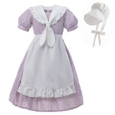 PRICES MAY VARY. ✿ Includes: 4psc Set Girl Colonial Costume: the plaid floral pioneer girl dress*1, pioneer bonnet*1, white sailor-style shawl*1, white apron*1. You can dress your girls with this single pruple prairie dresses as a daily wear, and cosplay betsy ross costume with the shawl, apron, and bonnet ✿ Material: The prairie dress girls is made of 70% polyester and 30% cotton, the laura ingalls wilder costume is soft to the touch and does not stimulate the delicate skin of your girl. The fa Spring White Victorian Costume Dress, White Victorian Dress For Spring Costume, White Cotton Victorian Dress Costume, Spring Cottagecore Costume Dress, Pioneer Apron, Pioneer Girl Costume, Pioneer Dresses, Colonial Costume, Pioneer Costume