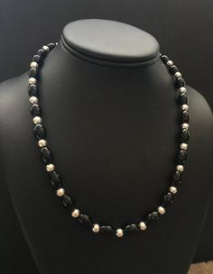 Sterling Silver Black Onyx W Navajo Pearls Bead Necklace. 18 inch Turquoise Squash Blossom, Navajo Pearls, White Buffalo Turquoise, Sterling Silver Bead Bracelet, Silver Bead Bracelet, Squash Blossom Necklace, Cluster Pendant, Beaded Necklaces, Sterling Silver Bead