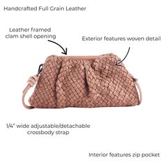 Part of our limited edition A’mano collection, our hand-crafted woven leather handbag is a strikingly luxe specialty item that stands apart from most others. Natural cowhide with a hand-massaged vintage two-tone effect, Noble is a cloud-like, clutch-style purse featuring a leather-covered, structured frame + unique detachable/adjustable shoulder strap. In addition to the stunning exterior, the interior is quite roomy with an interior zippered pocket. Wear it as a clutch, a crossbody or a shoulde Fashion Background, Feeding America, Leather Frames, Ballet Slippers, Clam Shell, Genuine Leather Bags, Handcrafted Leather, Leather Cover, Leather Handbag