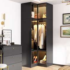 an open closet with clothes and shoes in it