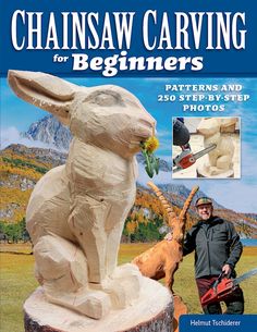 the book cover for chainsaw carving for beginners shows a man standing next to a carved rabbit